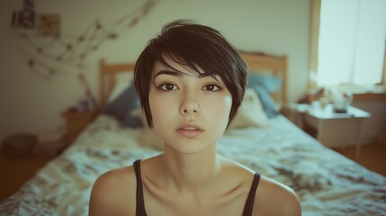 Naklejka premium A young woman with short dark hair sits in a serene bedroom, conveying a sense of contemplation and relaxation.