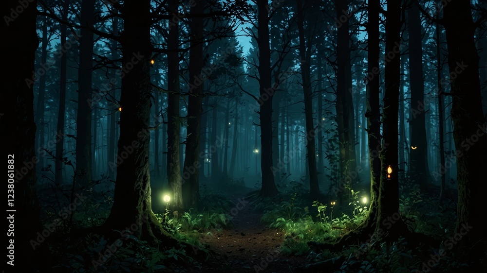 Poster enchanted forest with glowing lights and mist at twilight creating a serene atmosphere