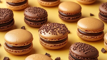 Fototapeta premium Delicious selection of chocolate-filled macarons with different toppings, displayed against a vibrant yellow backdrop for a sweet presentation.