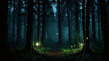 Fototapeta premium Enchanted forest with glowing lights and mist at twilight creating a serene atmosphere