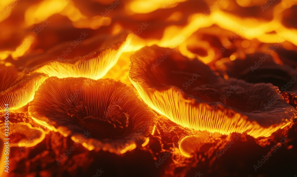 Poster abstract close-up of vibrant mushroom caps illuminated with soft golden light, creating a mesmerizin