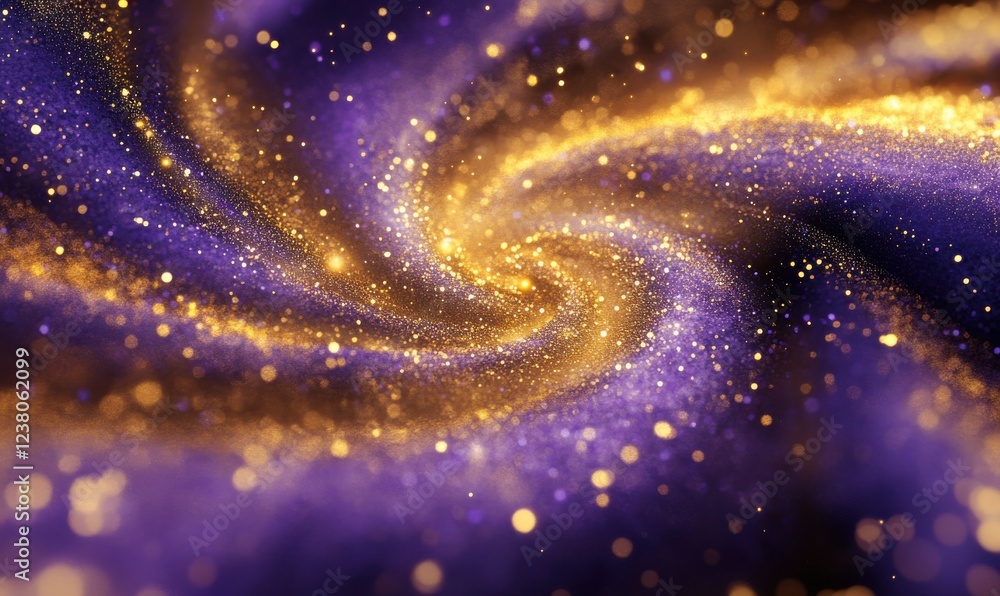 Poster abstract composition of swirling particle clouds in soft golden and purple hues, creating a dreamy c