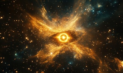 Abstract cosmic design featuring a single glowing eye surrounded by vibrant stars and celestial patterns.