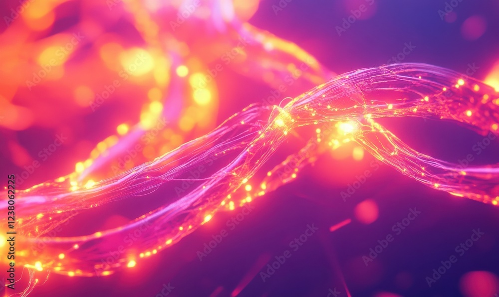 Poster abstract depiction of glowing nodes connected by flowing neon pink and orange lines, creating a dyna
