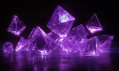 Abstract depiction of glowing purple geometric shapes floating against a black void, arranged in perfect symmetry.