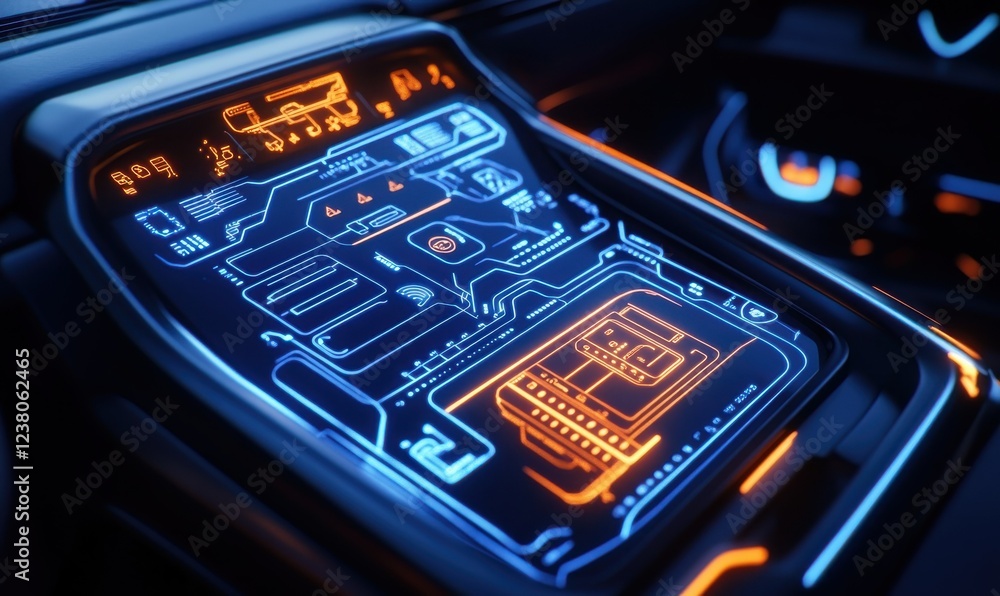 Poster abstract glowing circuitry embedded in a sleek electric vehicle dashboard, representing cutting-edge