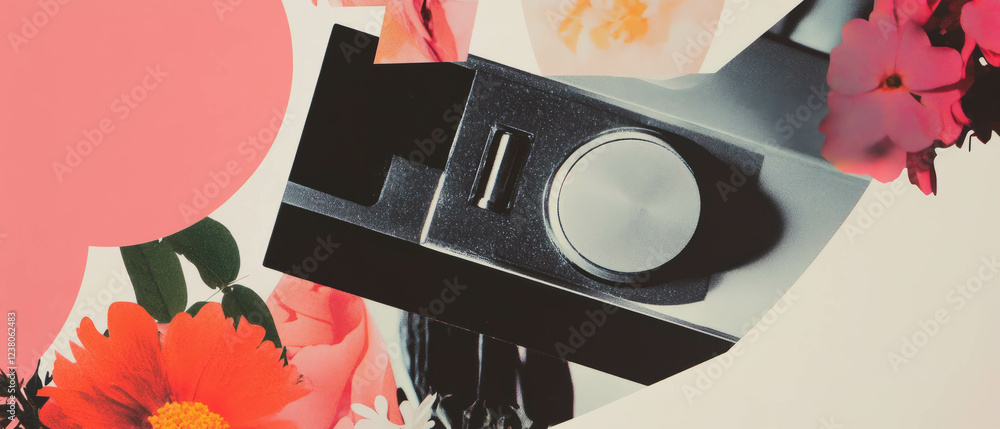 Poster collage featuring geometric shapes and floral elements with a close-up of a digital audio player