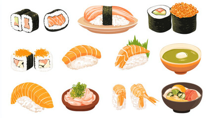 Japanese cuisine restaurant menu template. Salmon, tuna and scallop sashimi, nigiri sushi, green tea and soba soup, marinated ginger, prawn soup and maki sushi rolls, noodle soup with pork ramen