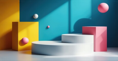 Podium, round shape, with bright contrast in a 3D geometric render, showcasing sharp angles and modern design, set against a dynamic background, creating a bold, futuristic ambiance