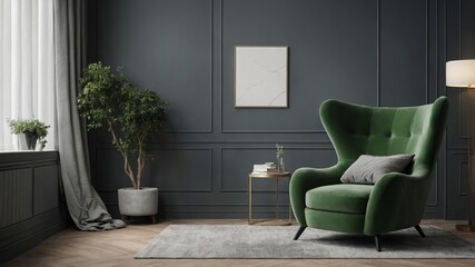 Stylish green armchair in a modern living room with dark walls and natural light streaming through the window