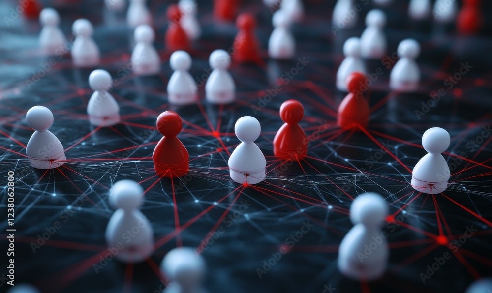 Poster abstract representation of social networking with red and white figurines connected by glowing threa