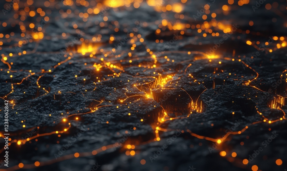 Poster abstract representation of urban connectivity with glowing nodes and lines on a textured black surfa