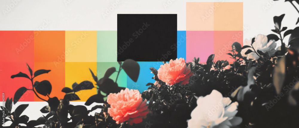 Poster minimalist collage of geometric patterns and floral elements against a white background