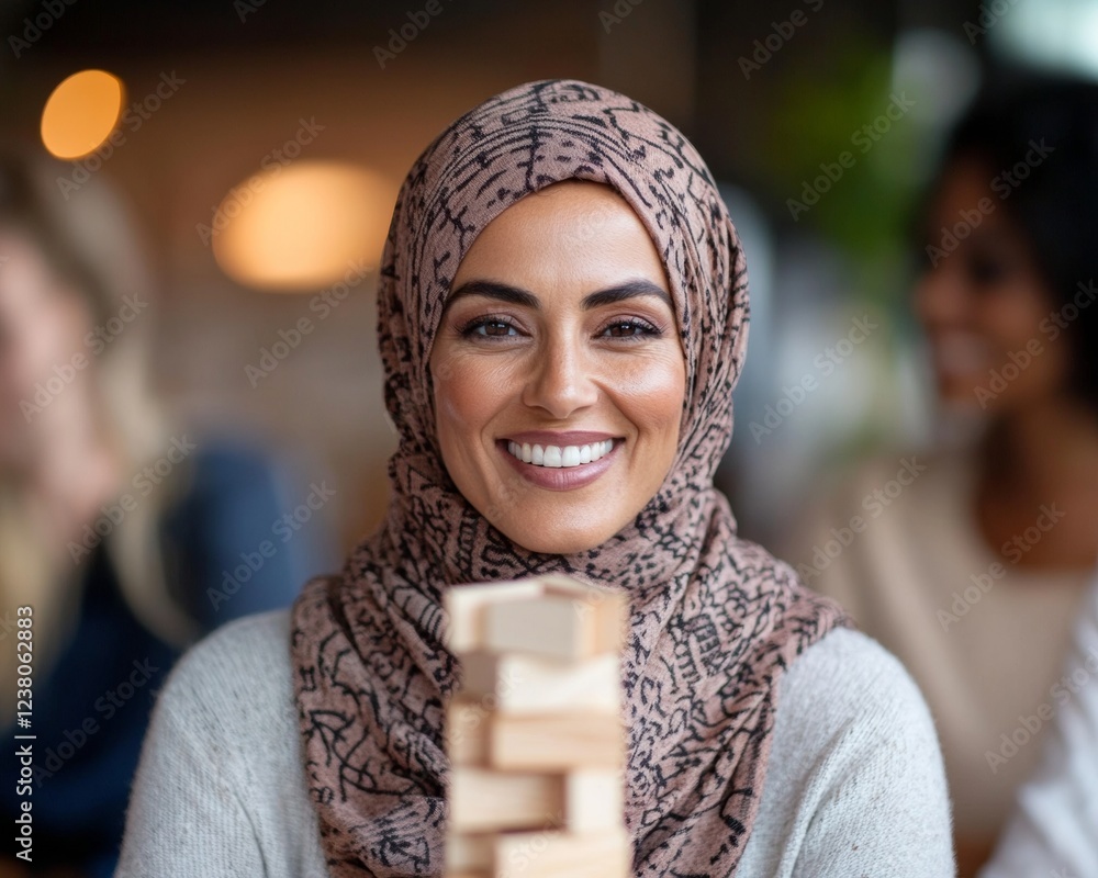 Aufkleber Inclusive Office Synergy Diverse Team Building with Wooden Blocks in Modern Workspace - Enhancing Collaborative Skills and Cultural Cohesion in Business Environments