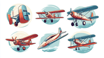 Aviation school and air tours icons set. Professional pilots academy, and airplane travels emblem or badges. Vintage aircraft, retro propeller biplane and monoplane flying in sky vector
