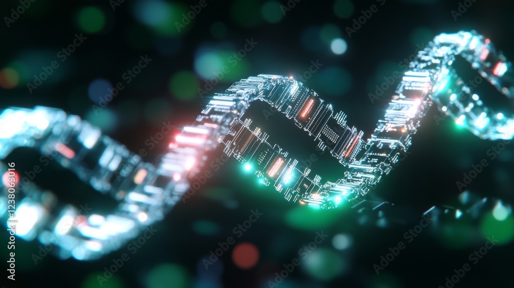 Poster digital representation of dna strand with glowing elements in a futuristic setting