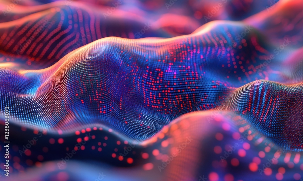 Poster abstract streams of data in glowing red and blue lines, weaving seamlessly into a digital matrix.