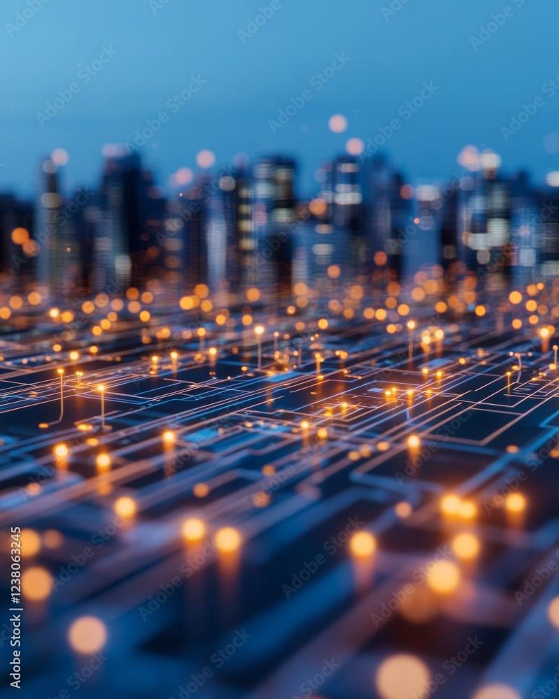 Poster tech-infused urban finance blockchain nodes and cryptocurrency icons in blue-violet cityscape - elev