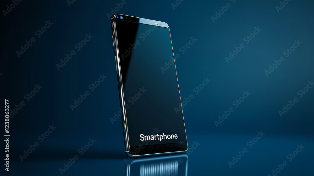 Poster glossy smartphone with text - smartphone - at the bottom isolated over blue colored background in ve