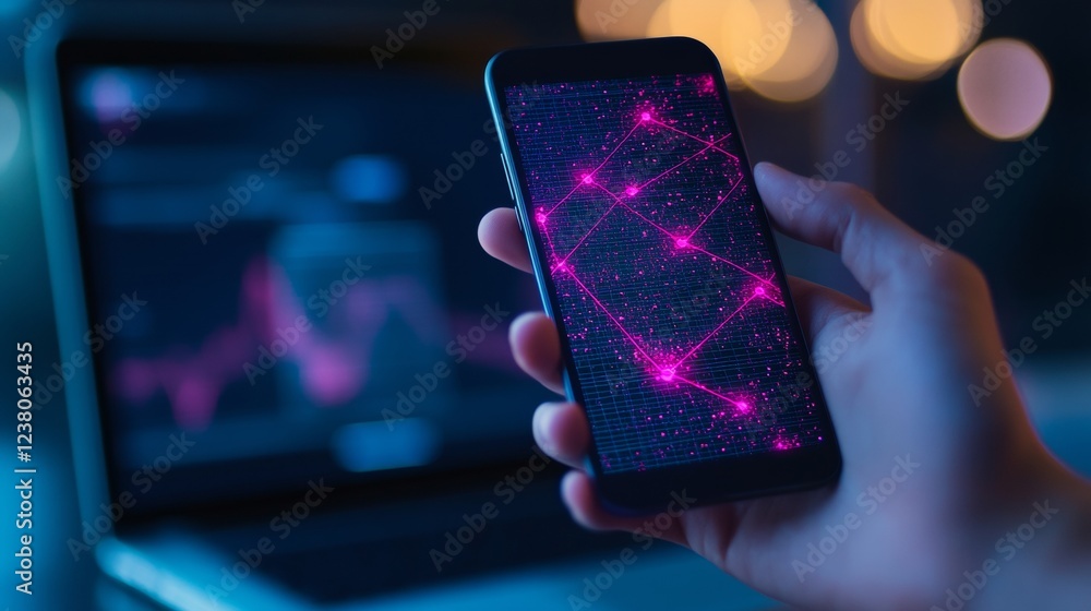 Poster futuristic crypto wallet interface on smartphone neon blue and violet light reflection - digital fin