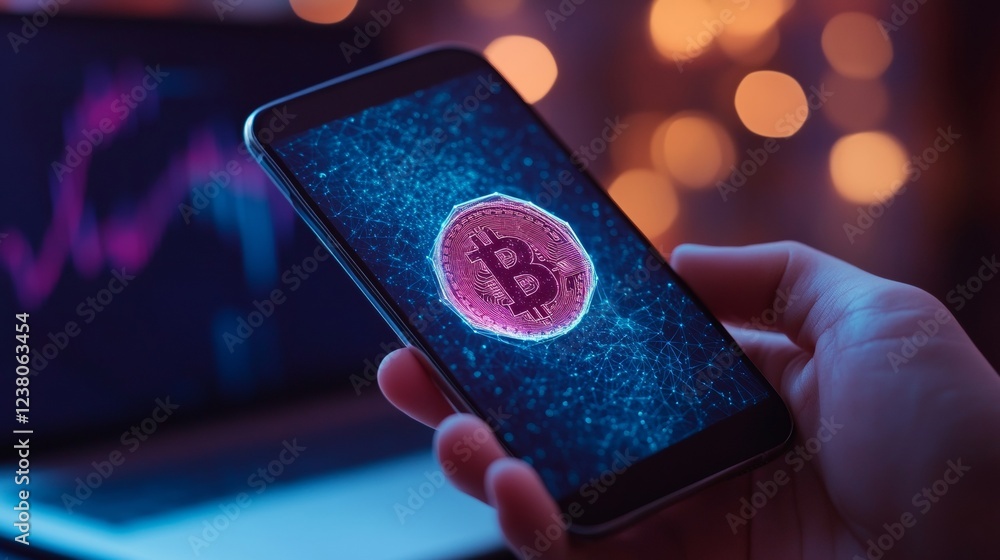 Poster digital finance visualization smartphone with cryptocurrency wallet on modern desk - neon blue and v