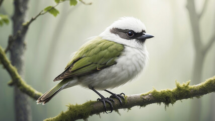 Fototapeta premium A small, cute round bird with fluffy plumage perched on a branch