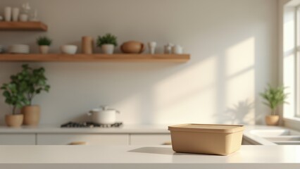 Food Delivery Container Mockup, Kitchen scene clear shelves minimalist food container on counter.