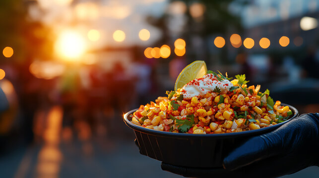 Mexican Esquites corn salad, garnished with mayonnaise, lime, and chili powder, served in a lively street vendor scene, Latin street food, bold vibrancy