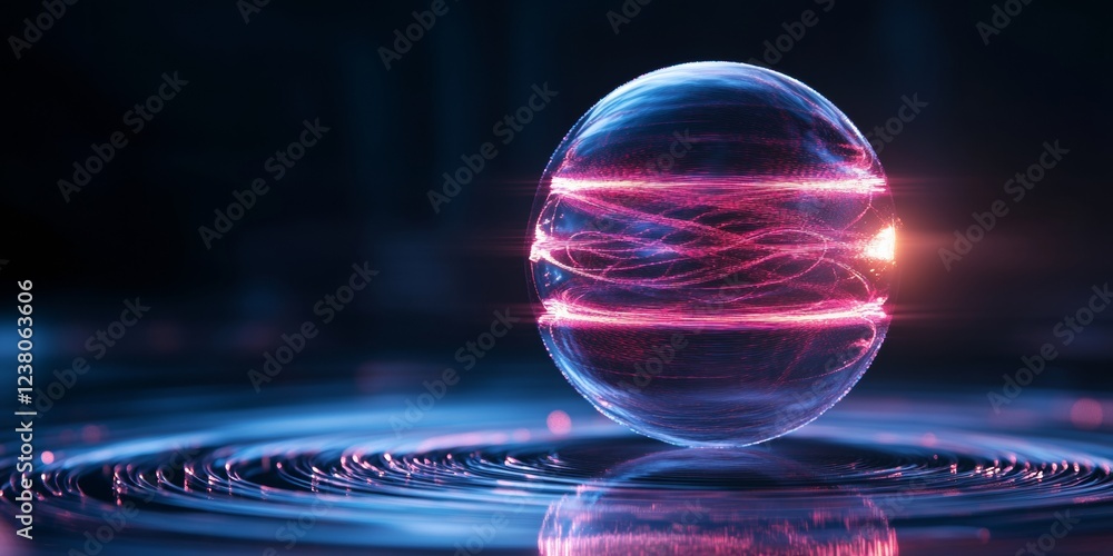 Poster Neon Digital Art Dynamic Light Waves on Dark Void Sphere - Tech and Digital Leverage for Data Visualization and Multimedia Content Enhancement