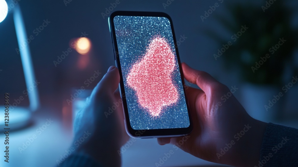 Poster immersive nft interface smartphone with abstract digital art and bidding icons in cozy ambient light