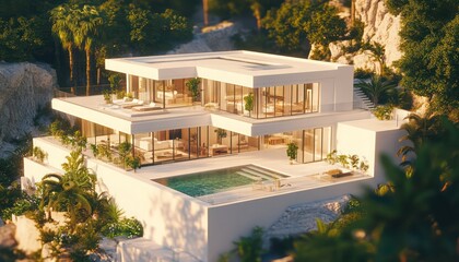 Fototapeta premium Beautifully designed cubic villa with clean white exterior glass terrace and infinity pool surrounded by nature