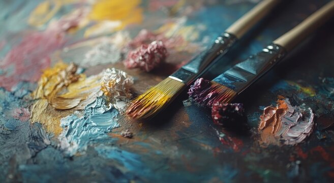 Close-up of paintbrushes on a colorful artist's palette with oil paint.