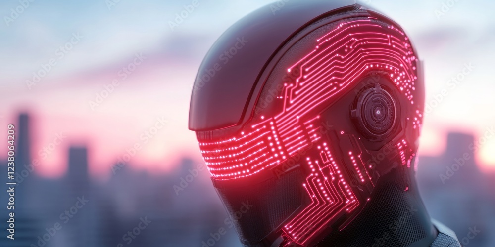 Leinwandbilder cyberpunk robotics showcase glowing circuitry on humanoid figure in neon skyline - futuristic techno