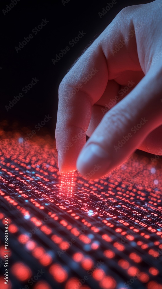 Aufkleber Futuristic Cybersecurity Interface Hand Interaction with Illuminated Red Code Matrix - Real-Time Threat Analysis and Digital Protection for Tech Firms