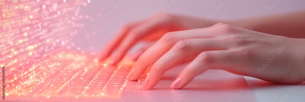 Aufkleber Neon Cybersecurity Concept Typing Hands on Glossy Keyboard with Virtual Shield - Cutting-Edge Tech Content and Proactive Data Protection for Modern Enterprises