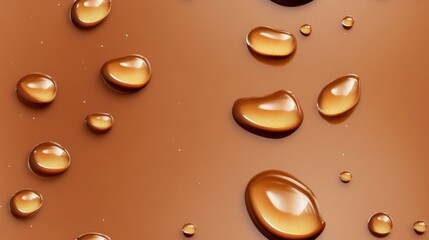 Realistic waterdrops on a smooth brown surface, capturing the fine details of droplets reflecting light, highlighting the beauty and texture of natural water on a rich, brown background.