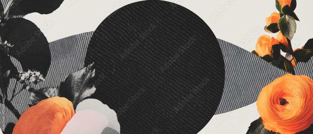 Poster exploring texture and color in a minimalist collage of flowers and geometric shapes