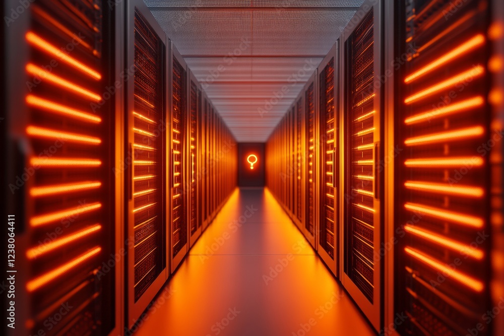 Aufkleber Futuristic Glow-Inspired Data Corridor Illuminated Server Racks with Encrypted Pathway Iconography - Cutting-Edge Network Security for Advanced Tech Infrastructure