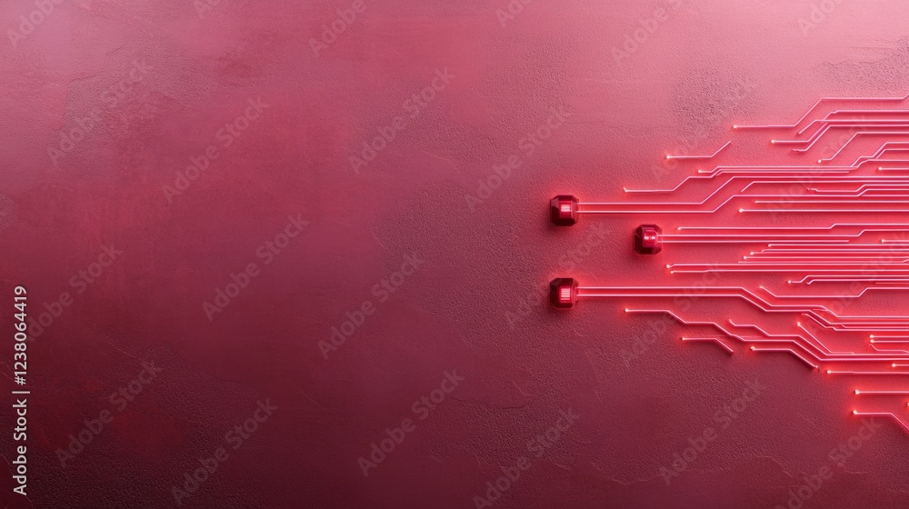 Poster Minimalist Cybersecurity Design Red Circuit Board on Textured Surface - Tech Industry Visual and Modern Digital Defense Strategy Content