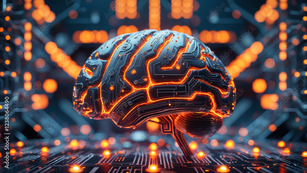 Poster a highly detailed, futuristic brain with intricate circuit patterns and glowing orange lights above 