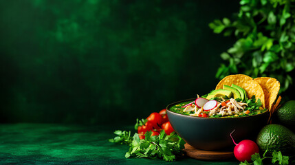 Mexican Pozole Verde green hominy soup, garnished with chicken, avocado, and radishes, served with crispy tostadas in a vibrant family feast, Latin celebratory meals, bold vibrancy