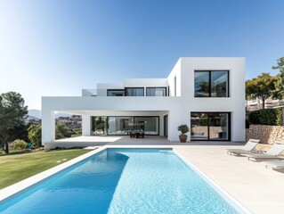 Fototapeta premium Bright exterior of a modern cubic villa with minimalistic design large swimming pool and sunny weather