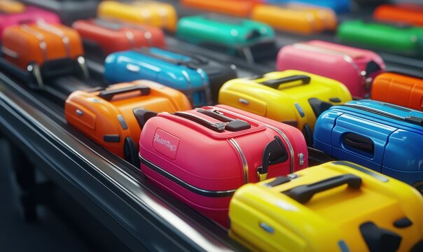 Assorted colorful luggage on a conveyor belt, highlighting the vibrancy and excitement of travel.