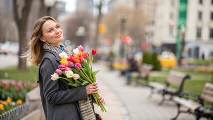 Fototapeta premium Woman Holding a Bouquet of Colorful Tulips in a Modern City Park