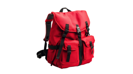 Red backpack with black straps isolated on transparent background