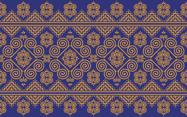 Seamless pattern, Hmong ethnic pattern, gold pattern on dark blue background