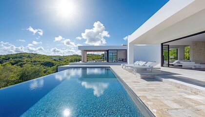 Clean exterior of a contemporary villa with infinity pool stone terrace and minimalistic design bright sunny sky