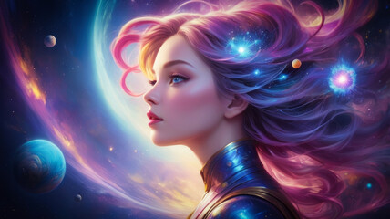 Fototapeta premium A young woman with her hair intricately woven with celestial elements like planets and stars, creating a galaxy-like appearance, cosmic fantasy concept
