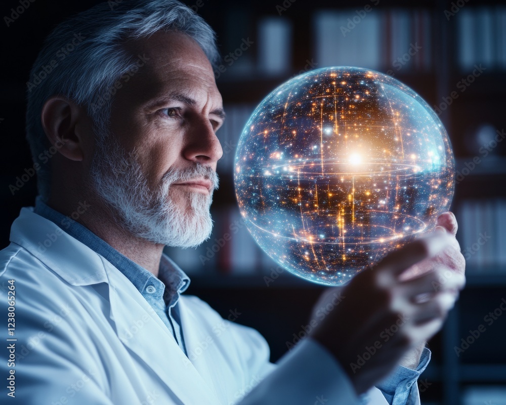 Aufkleber futuristic scientific exploration silver-haired scientist in lab coat engages with holographic plane
