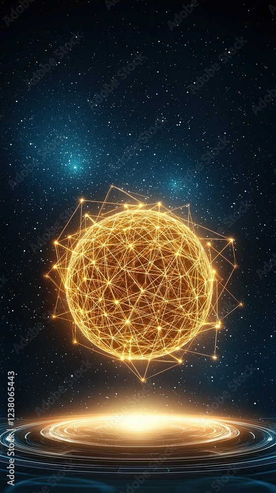 Poster online learning tools, abstract sphere of connections in cosmic space with glowing lines and dots in